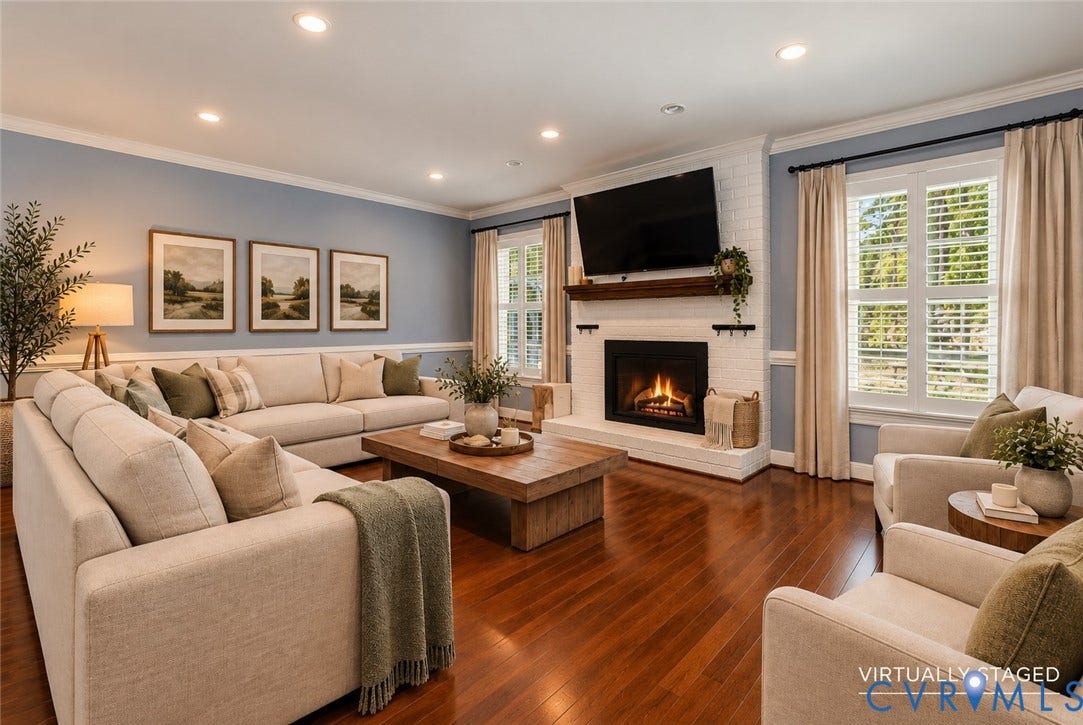 2137 Scarlet Mill Lane, Powhatan, VA 23139 Hardwood flooring, white painted brick fireplace with a custom wood mantel, crown molding, chair rail trim, and plantation shutters