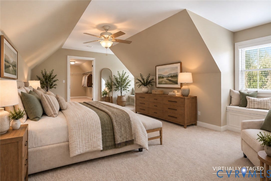 2137 Scarlet Mill Lane, Powhatan, VA 23139 Vaulted ceilings with architectural roof lines, integrated window seat, carpeted flooring, and ceiling fan with light fixture