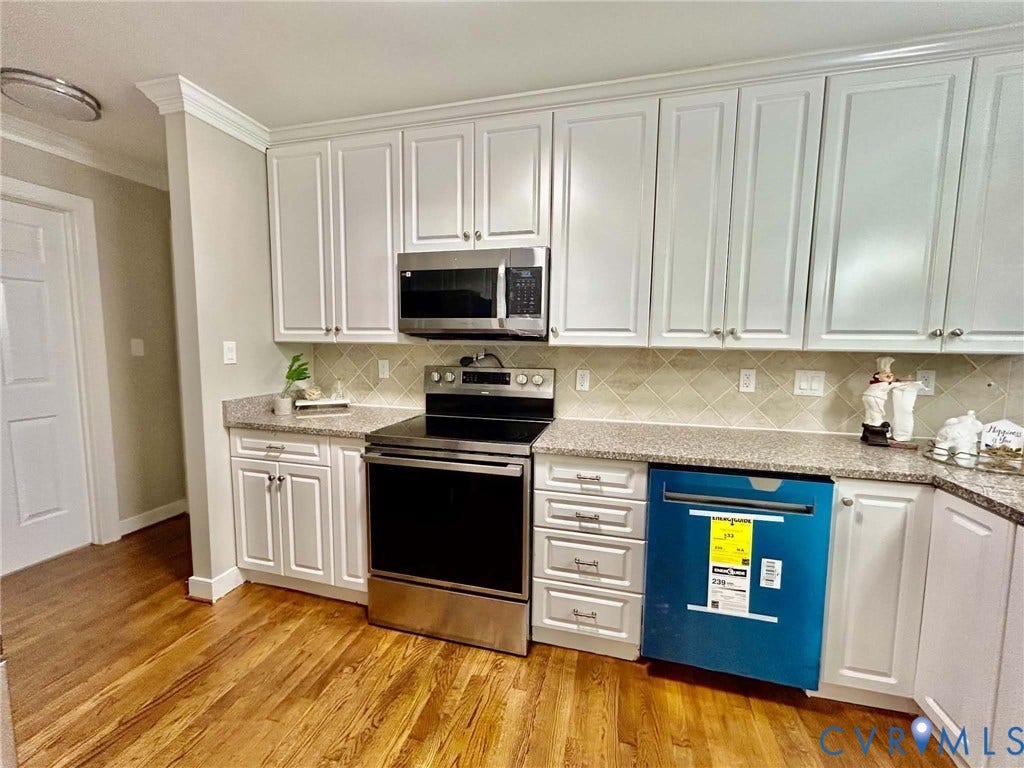 2255 Oak Bay Lane, Henrico, VA 23233 Kitchen featuring white shaker-style cabinetry, stone-finish countertops, stainless steel appliances, a diamond-pattern tile backsplash, and wood-finish flooring