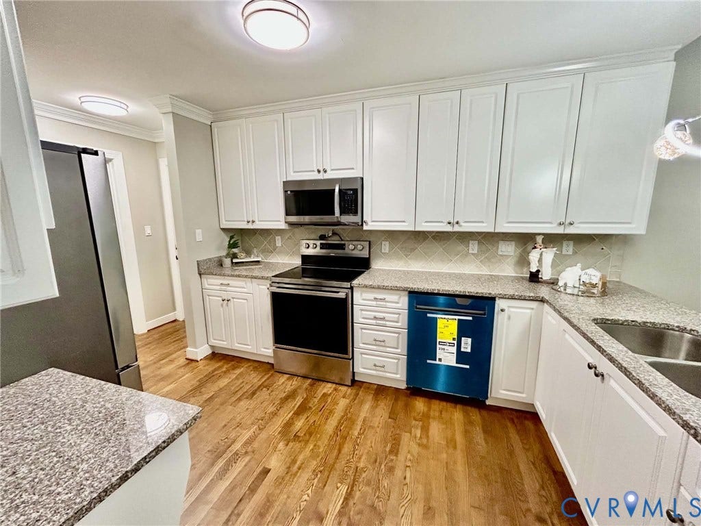 2255 Oak Bay Lane, Henrico, VA 23233 Kitchen featuring white shaker-style cabinetry, stone-finish countertops, tile backsplash, stainless steel appliances, and wood-finish flooring