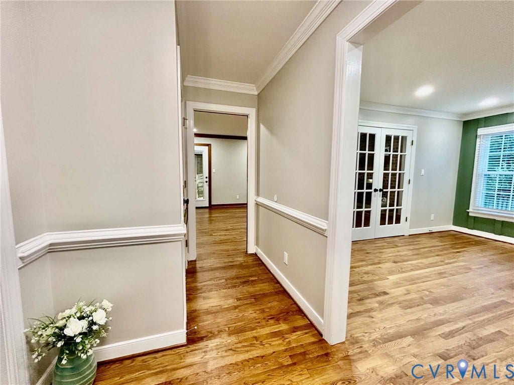2255 Oak Bay Lane, Henrico, VA 23233 Interior featuring wood-finish flooring, crown molding, chair rail trim, and glass-paned French doors