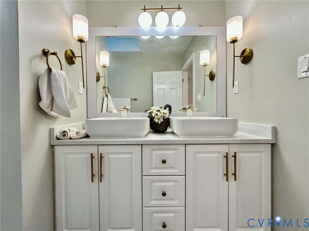 2255 Oak Bay Lane, Henrico, VA 23233 Double vanity featuring rectangular vessel sinks, quartz countertop, white cabinetry with metallic hardware, and integrated lighting fixtures