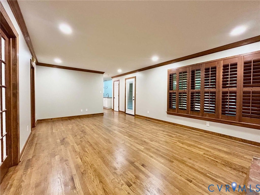 2255 Oak Bay Lane, Henrico, VA 23233 Interior featuring wood-finish flooring, recessed lighting, crown molding, plantation shutters, and multi-pane doors
