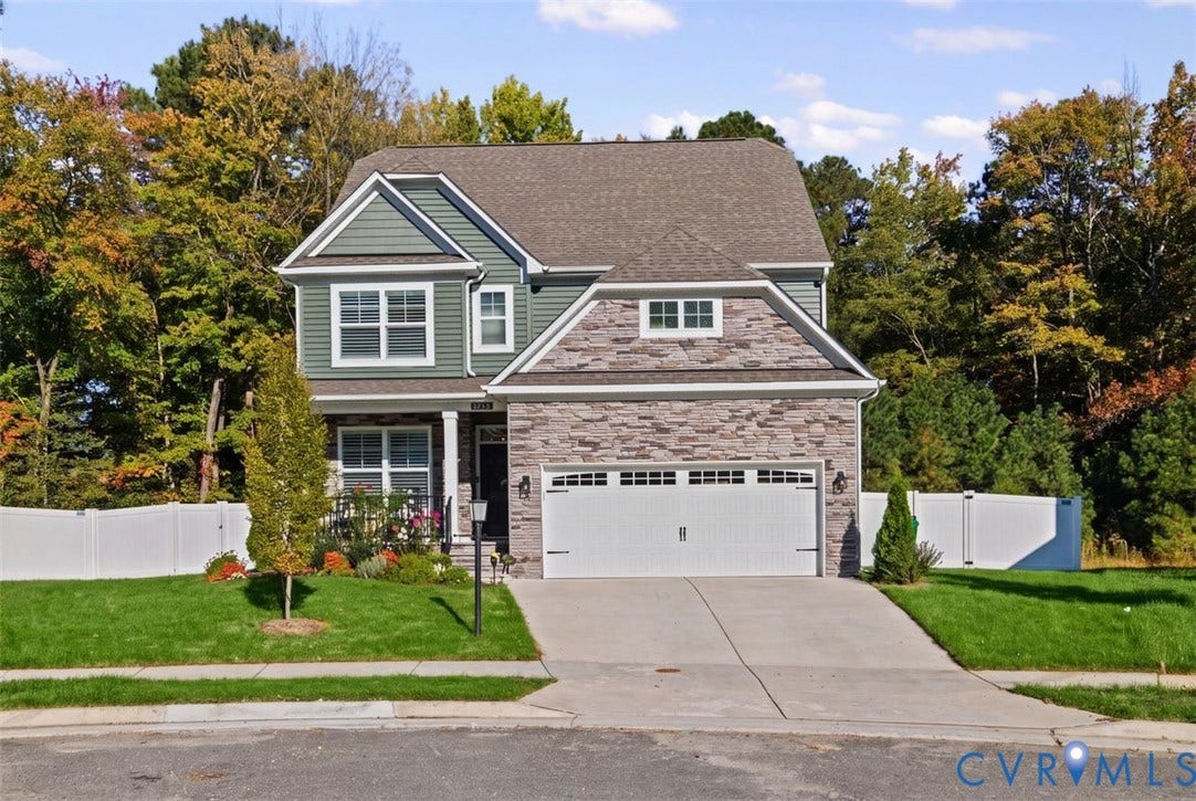 2658 Forget Me Not Lane, Greenhouse, Glen Allen, VA 23060 Two-story residence featuring stone veneer siding, horizontal siding, an attached two-car garage, an asphalt shingle roof, and a perimeter vinyl privacy fence