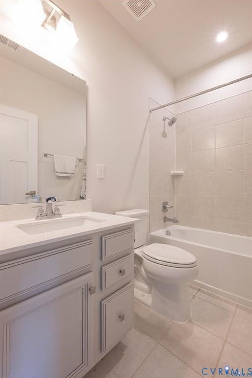 10221 Wenden Way, Hanover, VA 23005 Light gray vanity cabinetry with integrated rectangular sink and stone-finish countertop, paired with a shower-tub combination featuring neutral tile surround and brushed-nickel fixtures