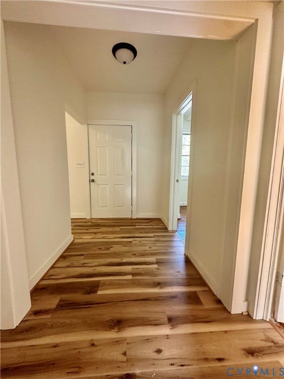 15051 BENT CREEK ROAD, Morven, Amelia, VA 23002 Entryway featuring wood-finish flooring, a six-panel exterior door, and a flush-mount ceiling light fixture