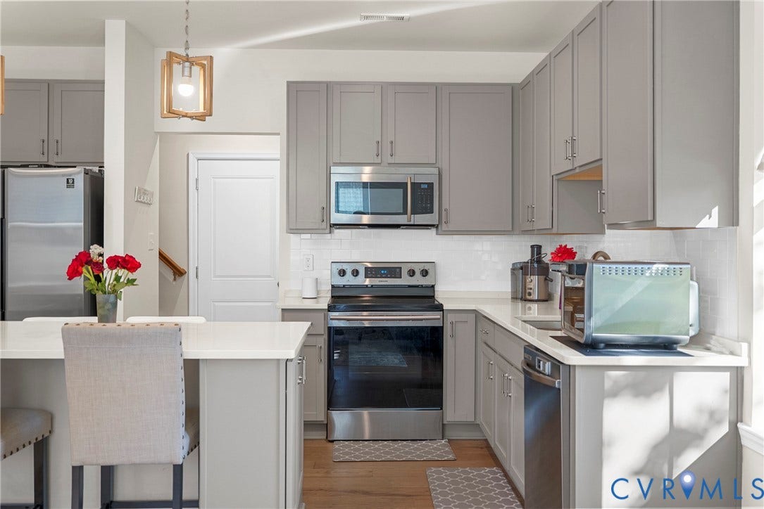 14501 Hancock Towns Drive, Chesterfield, VA 23832 Kitchen featuring shaker-style cabinetry, quartz countertops, subway tile backsplash, stainless steel appliances, and a geometric pendant light
