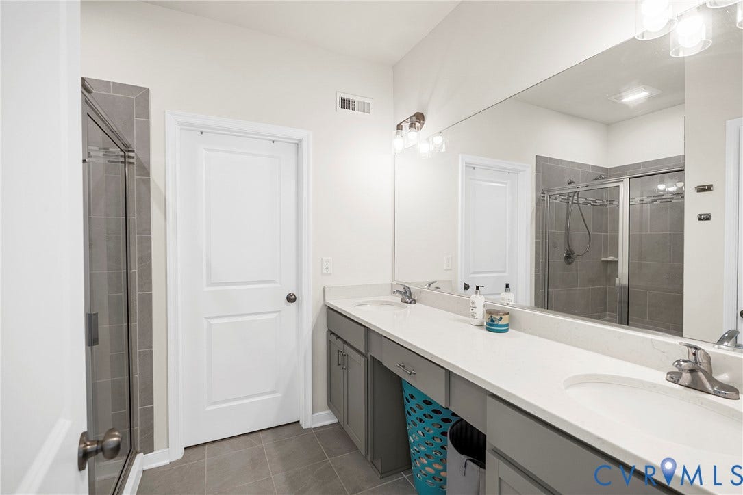 14501 Hancock Towns Drive, Chesterfield, VA 23832 Bathroom featuring a dual-sink vanity with light-toned countertops, gray cabinetry, a large wall-mounted mirror, and a glass-enclosed shower with tile surround