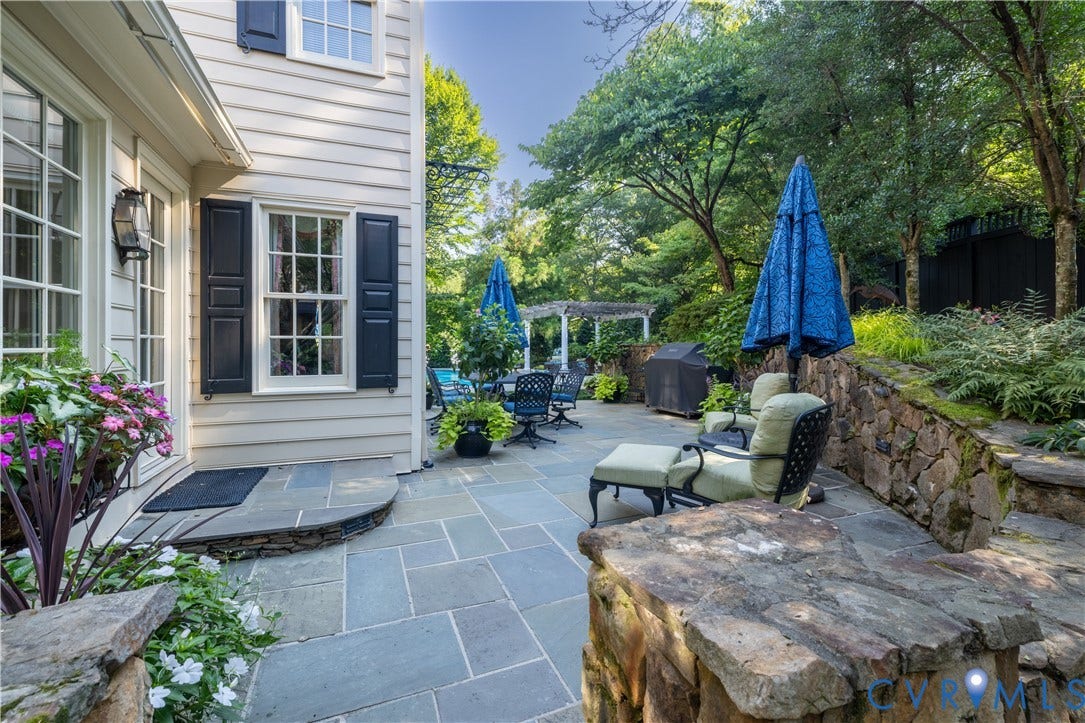 205 Poplar Lane, South Of Cary Street Rd, Richmond, VA 23226 Just outside the breakfast toom is the flagstone terrace with stacked stone retaiing walls and passageway to the pool.