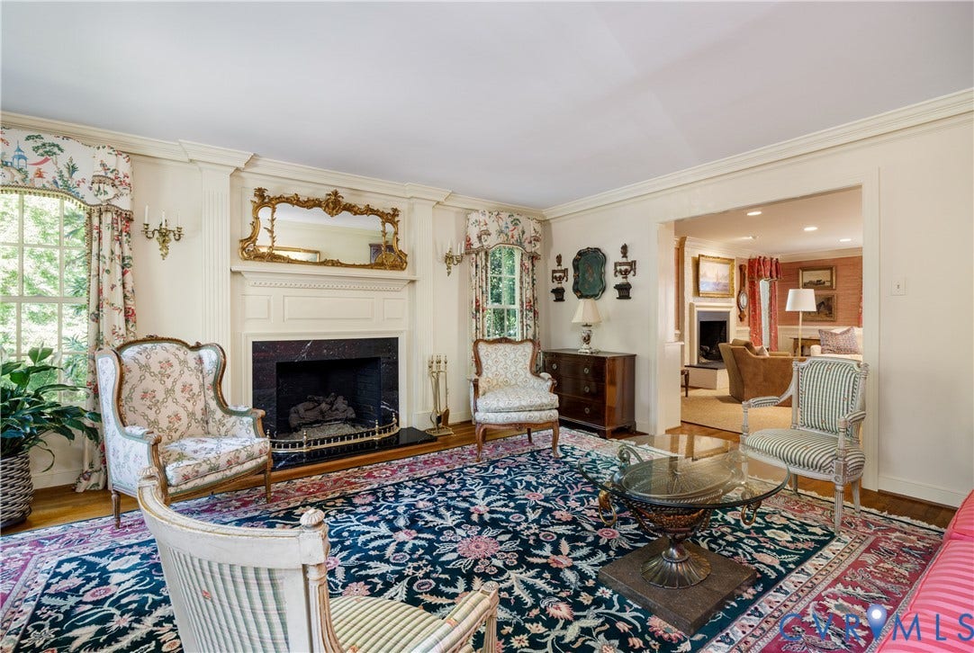 205 Poplar Lane, South Of Cary Street Rd, Richmond, VA 23226 The living room showcases the home's extraordinary mouldings and multitude of windows to enjoy the year round views.