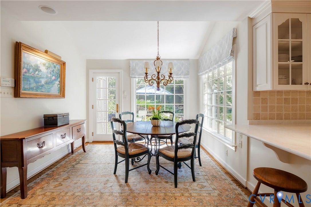 205 Poplar Lane, South Of Cary Street Rd, Richmond, VA 23226 The casual dining area features a vaulted ceiling and large windows looking out to the gardens and private rear terraces.