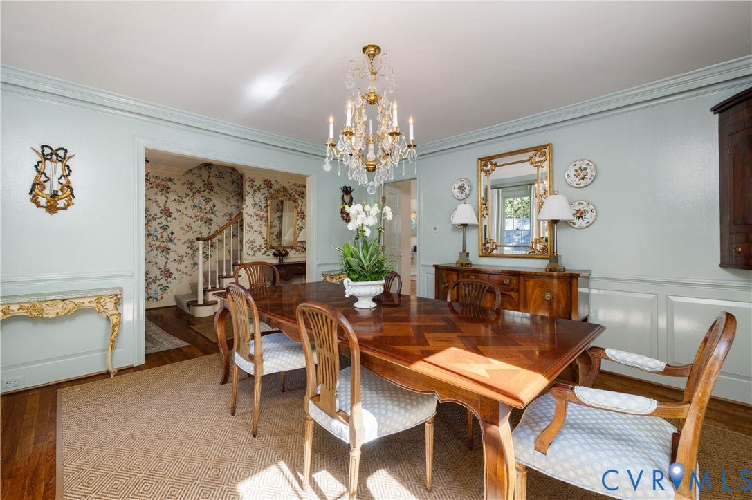 205 Poplar Lane, South Of Cary Street Rd, Richmond, VA 23226 Dining room features wainscoting, crown moulding, hardwood floor and a crystal chandelier