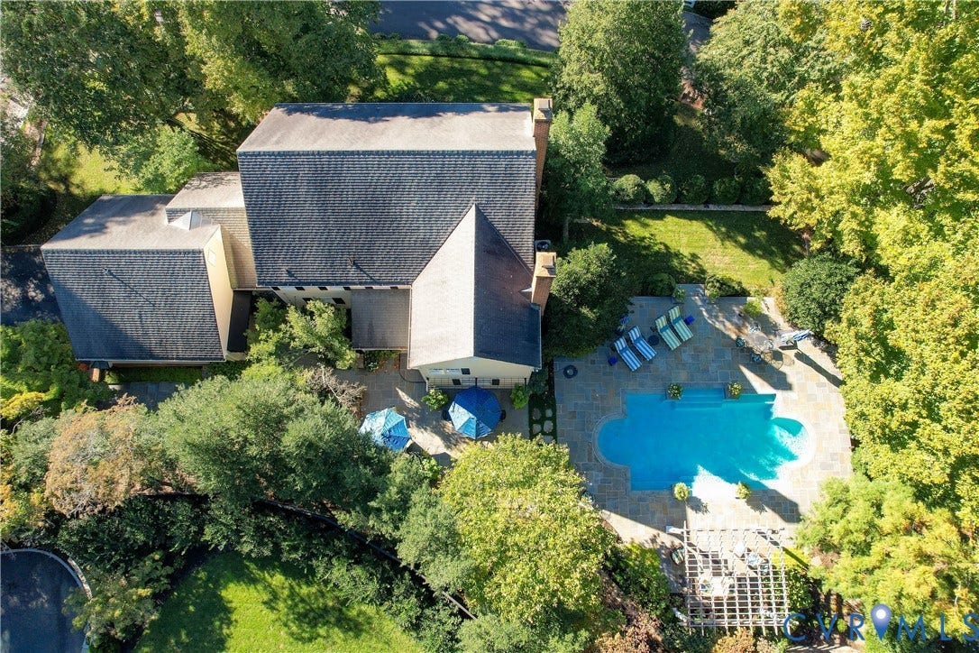 205 Poplar Lane, South Of Cary Street Rd, Richmond, VA 23226 Elevated veiw of the rear showing the lawn area just in front of the pool