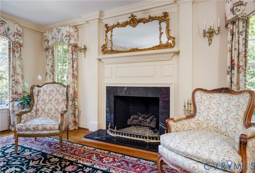 205 Poplar Lane, South Of Cary Street Rd, Richmond, VA 23226 Fireplace featuring a marble surround and hearth and handsome chimney breast flanked by fluted columns.