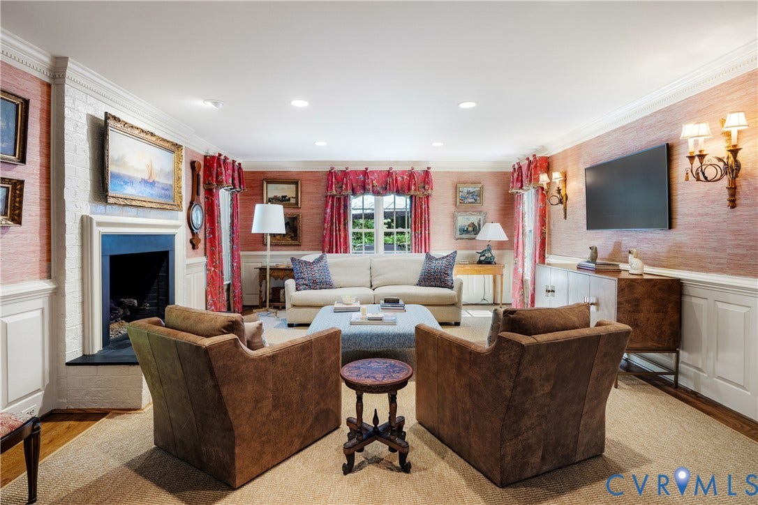 205 Poplar Lane, South Of Cary Street Rd, Richmond, VA 23226 The living room opens directly to the spacious family room and second fireplace with gas logs.