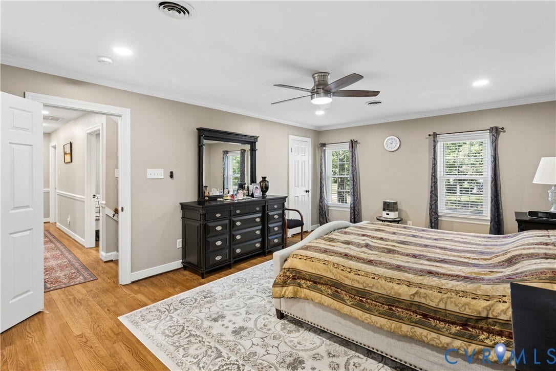 327 Huddersfield Drive, Chesterfield, VA 23236 Room featuring wood-finish flooring, recessed lighting, a ceiling fan with integrated light fixture, and two windows with casing trim