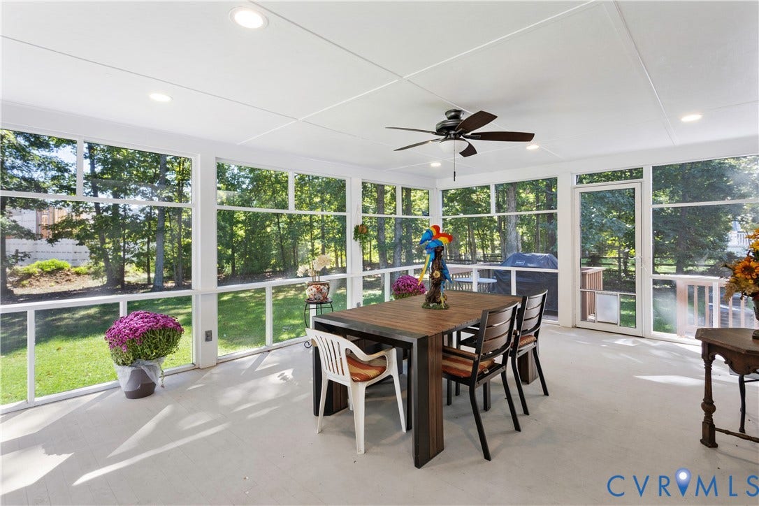 327 Huddersfield Drive, Chesterfield, VA 23236 Screened-in porch featuring expansive floor-to-ceiling windows, recessed lighting, and a ceiling fan