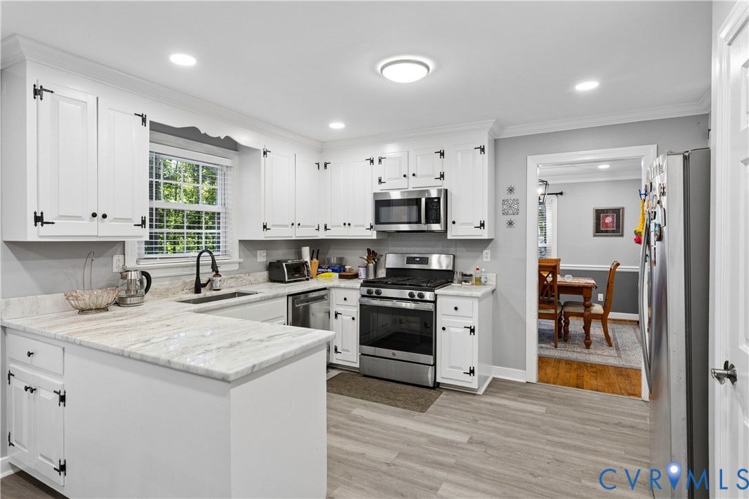 327 Huddersfield Drive, Chesterfield, VA 23236 Kitchen featuring white cabinetry with matte black hardware, stone-finish countertops, stainless steel appliances, and wood-finish flooring