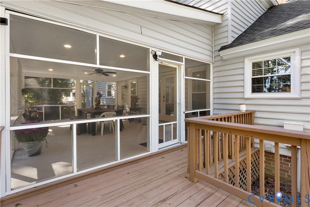 327 Huddersfield Drive, Chesterfield, VA 23236 Screened-in porch featuring recessed lighting, a ceiling fan, and painted siding exterior with a wood deck and railing