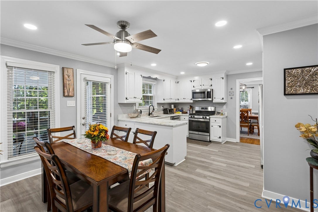 327 Huddersfield Drive, Chesterfield, VA 23236 Kitchen featuring white shaker-style cabinetry, stone-finish countertops, stainless steel appliances, recessed lighting, and wood-finish flooring