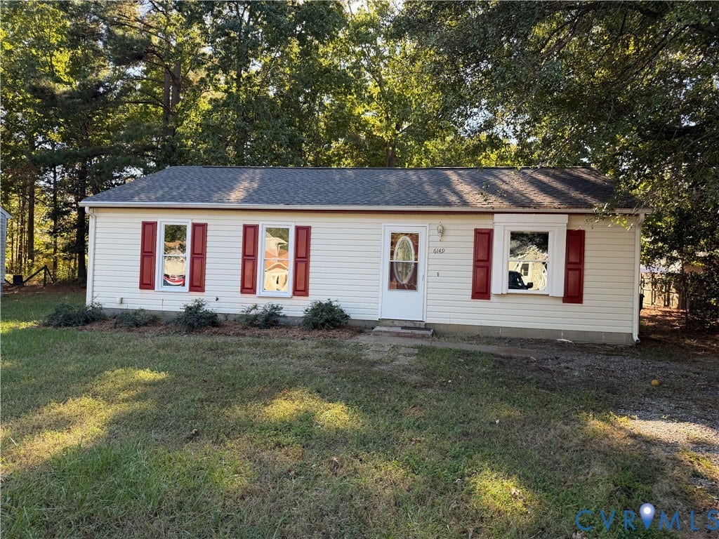 6149 Thierry Street, North Chesterfield, VA 23234 Single-story exterior featuring light-toned vinyl siding, contrasting decorative shutters, an asphalt shingle roof, a front entry door with glass insert, and a bay window