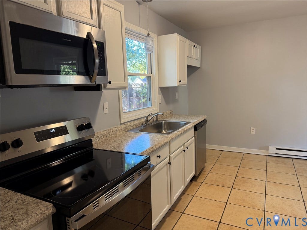6149 Thierry Street, North Chesterfield, VA 23234 Kitchen featuring white cabinetry, stone-finish countertops, stainless steel appliances, a double-basin sink, and tile flooring