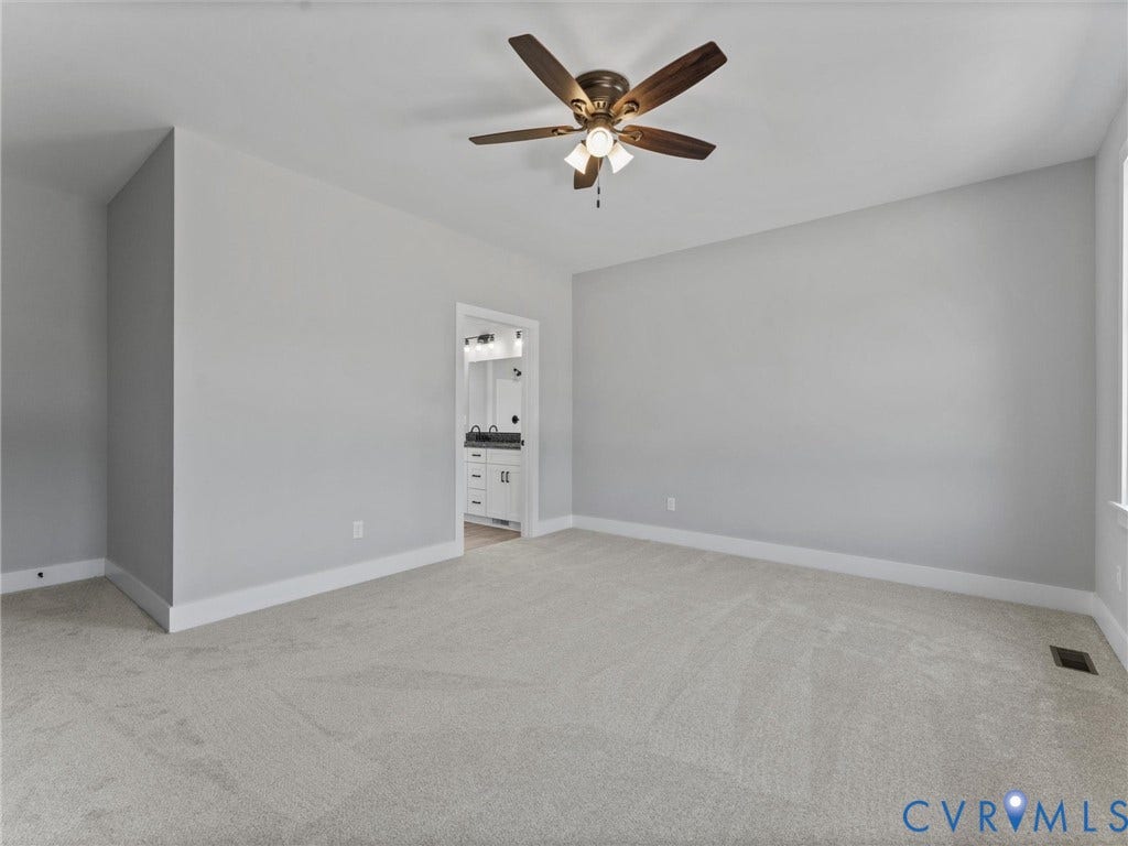 5951 Pot Rock Lane, Pot Rock Ln, Jetersville, VA 23083 Neutral-toned carpeted flooring, multi-blade ceiling fan with integrated light fixture, and neutral wall paint