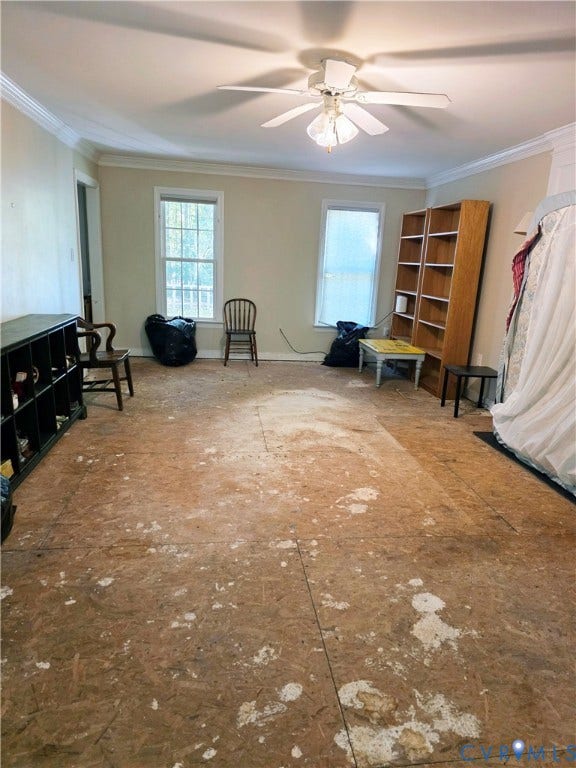 3350 North Road, Sandy Hook, VA 23153 Multi-purpose interior room featuring crown molding, dual grid-pattern windows, and a ceiling-mounted light fixture with a fan