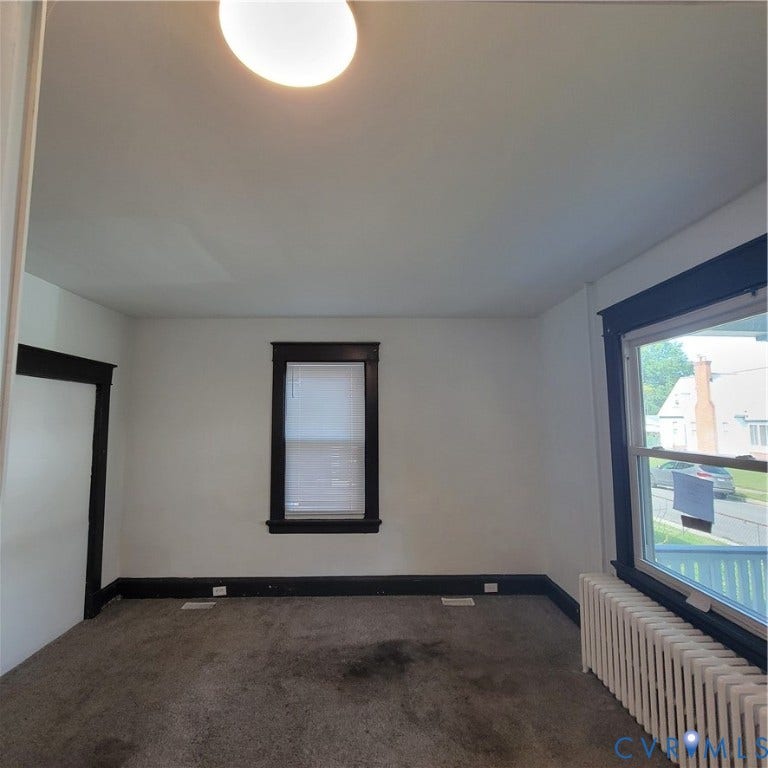 Interior space featuring high-contrast black window and door trim, neutral carpeting, a flush-mount ceiling light, and an integrated radiator