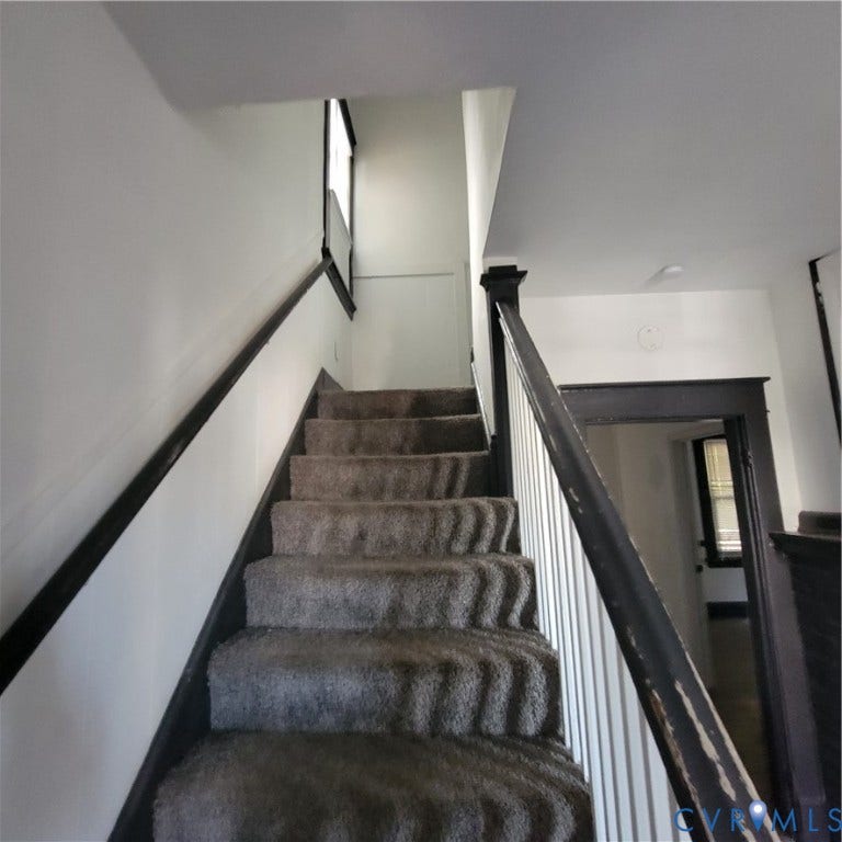 Staircase featuring carpeting, dark-finished wood handrails, and white balusters