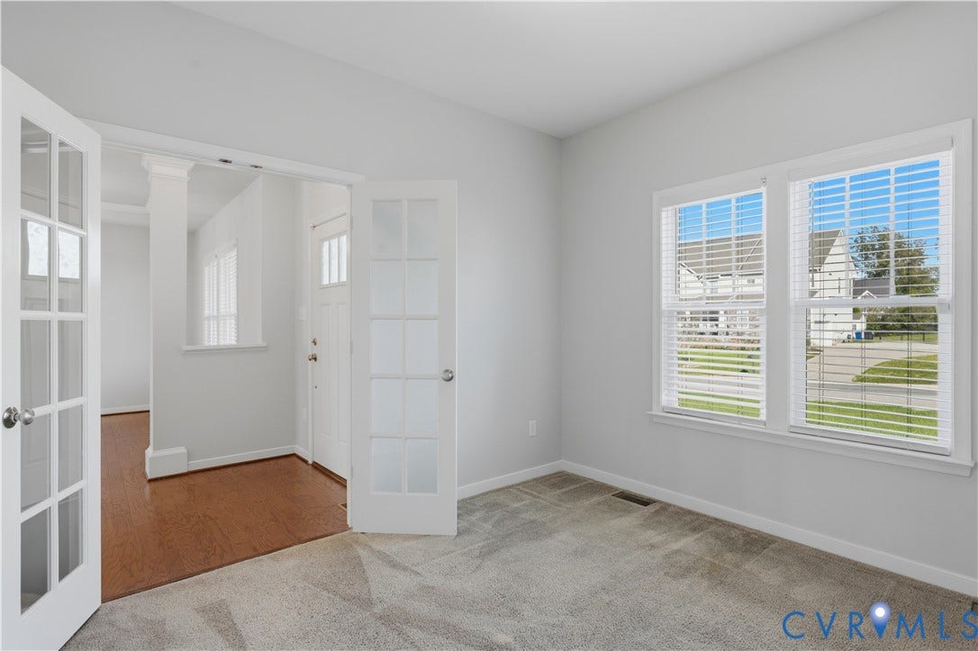 11936 Helmway Court, Chester, VA 23839 Room featuring glass-paned double doors, neutral-toned wall-to-wall carpeting, and dual-pane windows with horizontal blinds