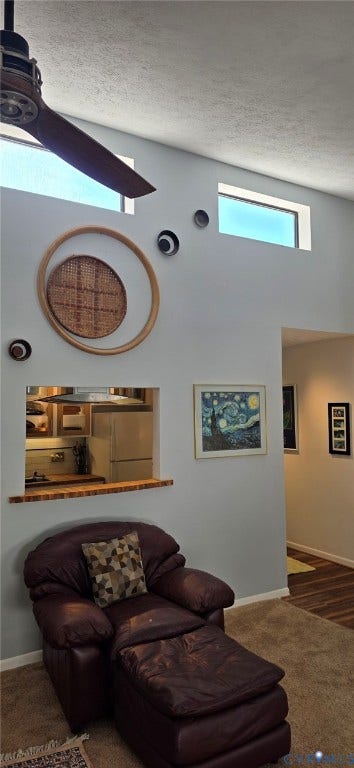 2106 Turtle Run Drive, #11, Henrico, VA 23233 Vaulted ceilings featuring clerestory windows, a ceiling fan, and a built-in kitchen pass-through with a wooden ledge