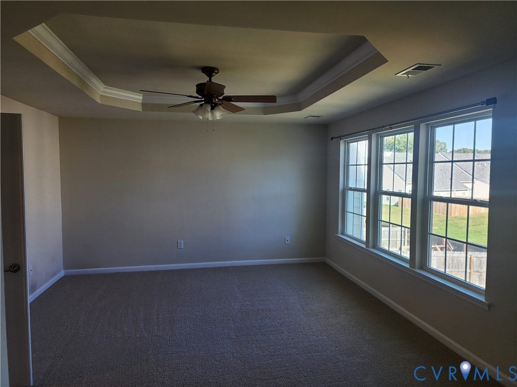 9031 Annex Lane, Mechanicsville, VA 23116 Tray ceiling, ceiling fan with integrated lighting, and a series of windows with colonial-style grids