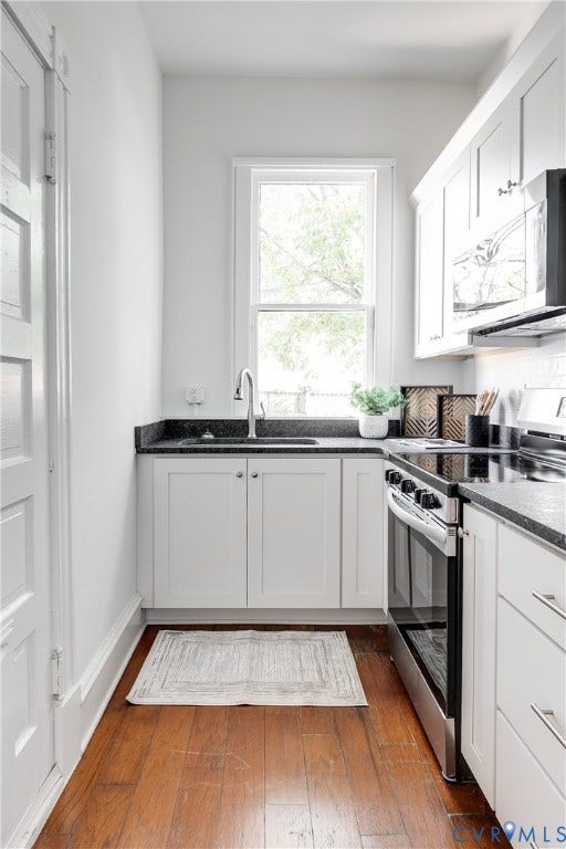 2005 Barton Avenue, Barton Heights, Richmond, VA 23222 Kitchen featuring white shaker-style cabinetry, dark stone countertops, wood-finish flooring, stainless steel appliances, and a single-basin undermount sink with a gooseneck faucet