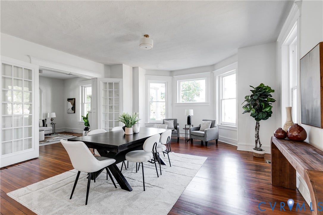2005 Barton Avenue, Barton Heights, Richmond, VA 23222 Dining area featuring wood-finish flooring, a three-panel bay window, and double French doors with glass panes
