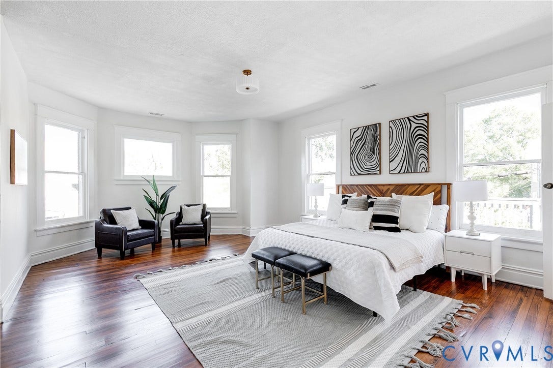 2005 Barton Avenue, Barton Heights, Richmond, VA 23222 Spacious room featuring wood-finish flooring, a bay window configuration, and an overhead flush-mount light fixture