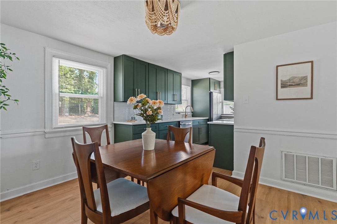 7406 Alycia Avenue, Henrico, VA 23228 Wood-finish flooring, white walls with chair rail molding, and a decorative light fixture