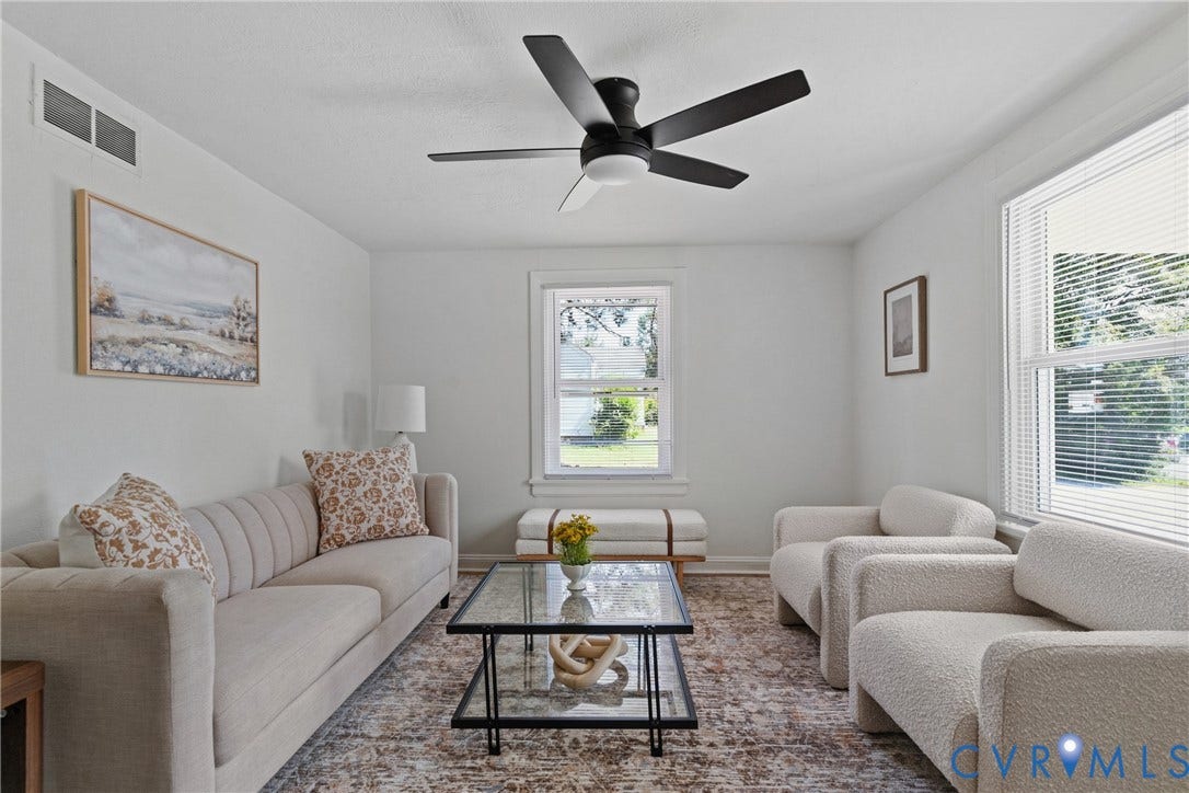 7406 Alycia Avenue, Henrico, VA 23228 Recessed ceiling with a matte black ceiling fan, multiple windows with blinds, and light-toned wall finishes