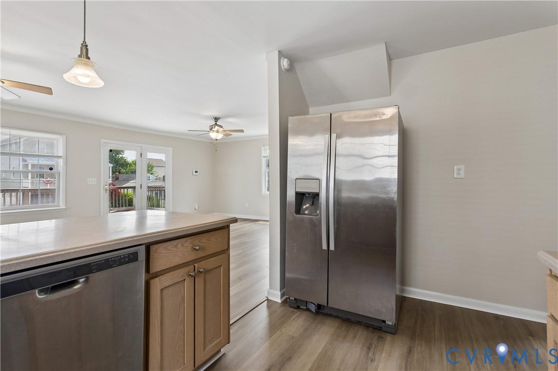 11 Bonita Drive, Hampton, VA 23664 Kitchen featuring stainless steel appliances, wood-finish cabinetry, neutral wall paint, wood-finish flooring, and recessed ceiling fans