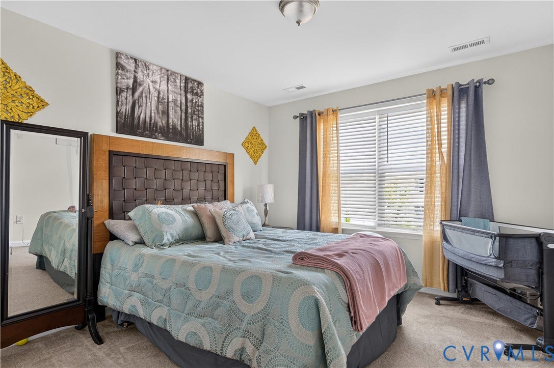 2230 Nightfall Drive, Chesterfield, VA 23236 Bedroom featuring neutral-toned carpeting, a horizontal sliding window, and a flush-mount ceiling light fixture