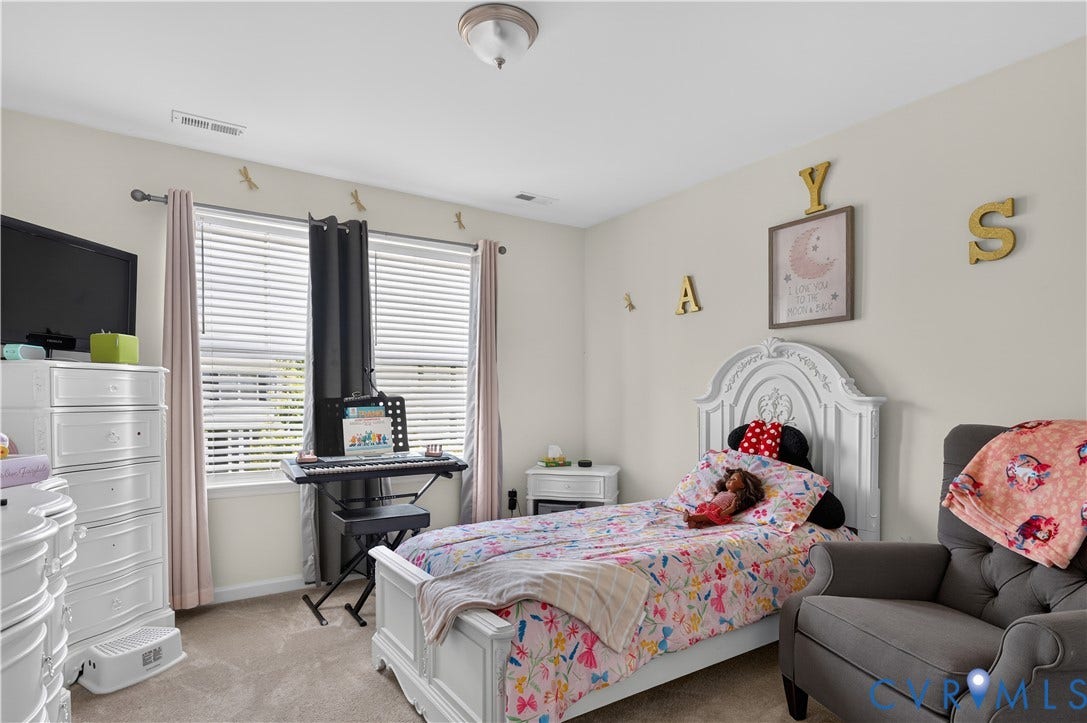 2230 Nightfall Drive, Chesterfield, VA 23236 Neutral-toned interior space featuring light-colored wall-to-wall carpeting, dual-pane windows with horizontal blinds, and a flush-mount overhead light fixture
