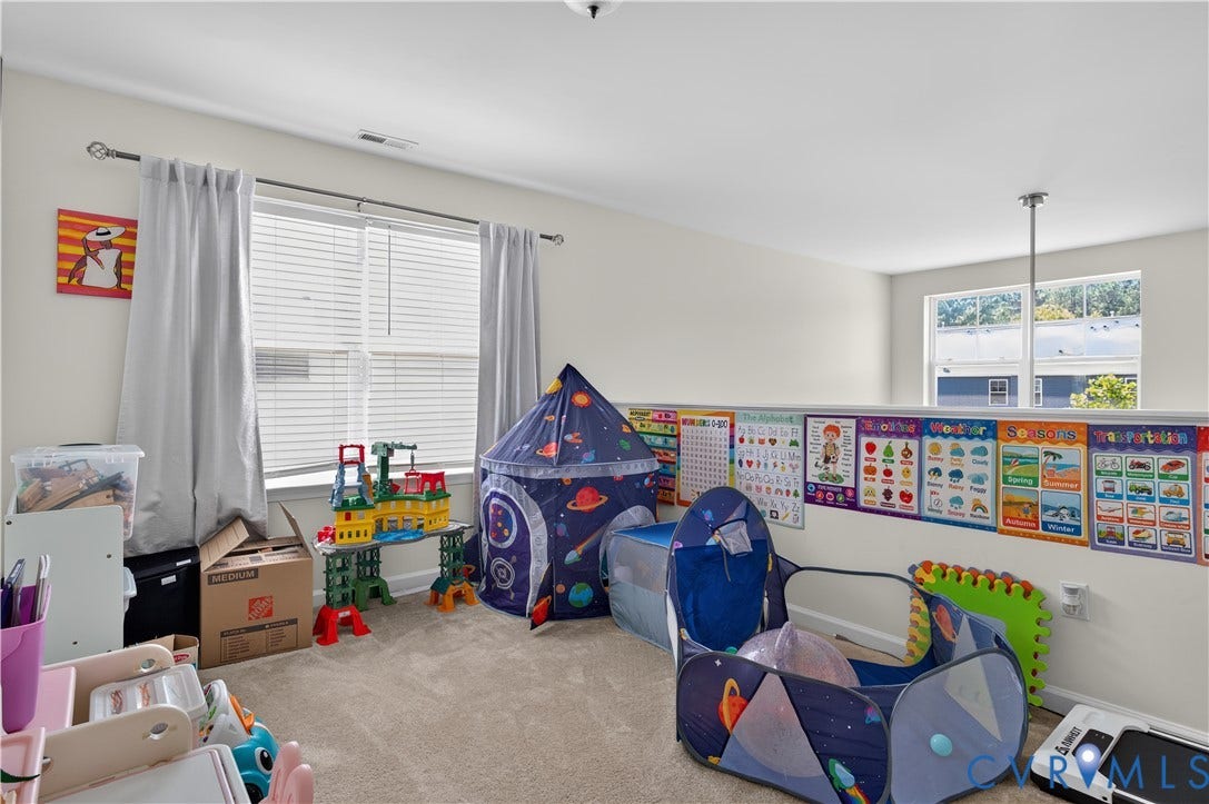 2230 Nightfall Drive, Chesterfield, VA 23236 Spacious interior featuring neutral wall tones, wall-to-wall carpeting, multiple windows, and a partial knee wall with a decorative ledge