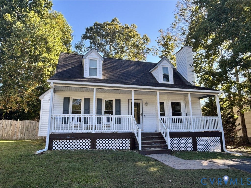 3107 Terrybluff Drive, Genito Woods, Chesterfield, VA 23112 Cape Cod exterior featuring a full-width covered front porch, dual dormer windows, exterior chimney, and lattice skirting