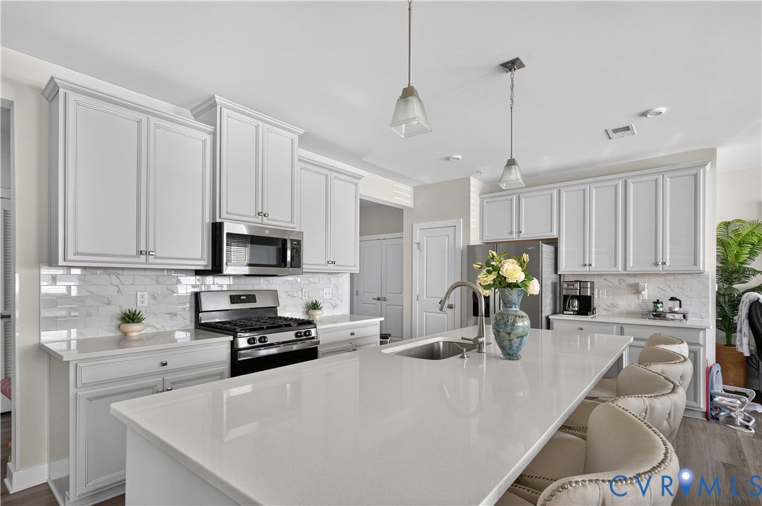 3900 Maze Runner Drive, #102, Chesterfield, VA 23112 Kitchen featuring shaker-style cabinetry, quartz countertops, a tile backsplash, a center island with an undermount stainless steel sink, and stainless steel appliances