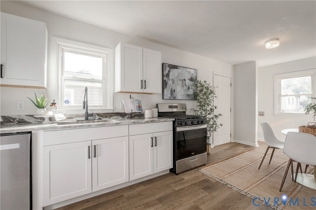 5429 Blueridge Avenue, Fulton, Richmond, VA 23231 Kitchen featuring white shaker-style cabinetry, stone-finish countertops, matte black hardware, a high-arc faucet, and stainless steel range