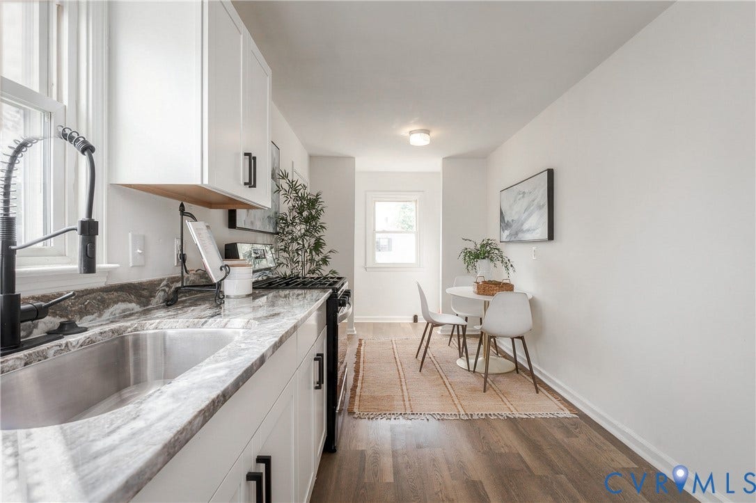 5429 Blueridge Avenue, Fulton, Richmond, VA 23231 Kitchen featuring white shaker cabinetry, stone-patterned countertops, undermount stainless steel sink, matte black faucet hardware, and wood-finish flooring