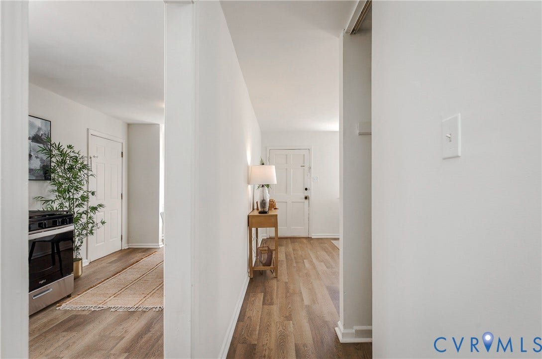 5429 Blueridge Avenue, Fulton, Richmond, VA 23231 Interior hallway featuring wood-finish flooring, white walls, and a six-panel exterior entry door