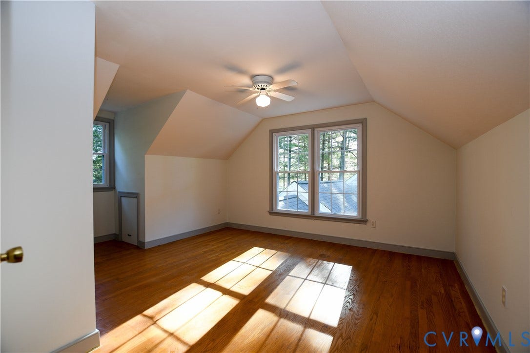 3486 Venter Road, Minors Pines, Aylett, VA 23009 Room featuring sloped ceilings, wood-finish flooring, a ceiling fan, and double-pane windows