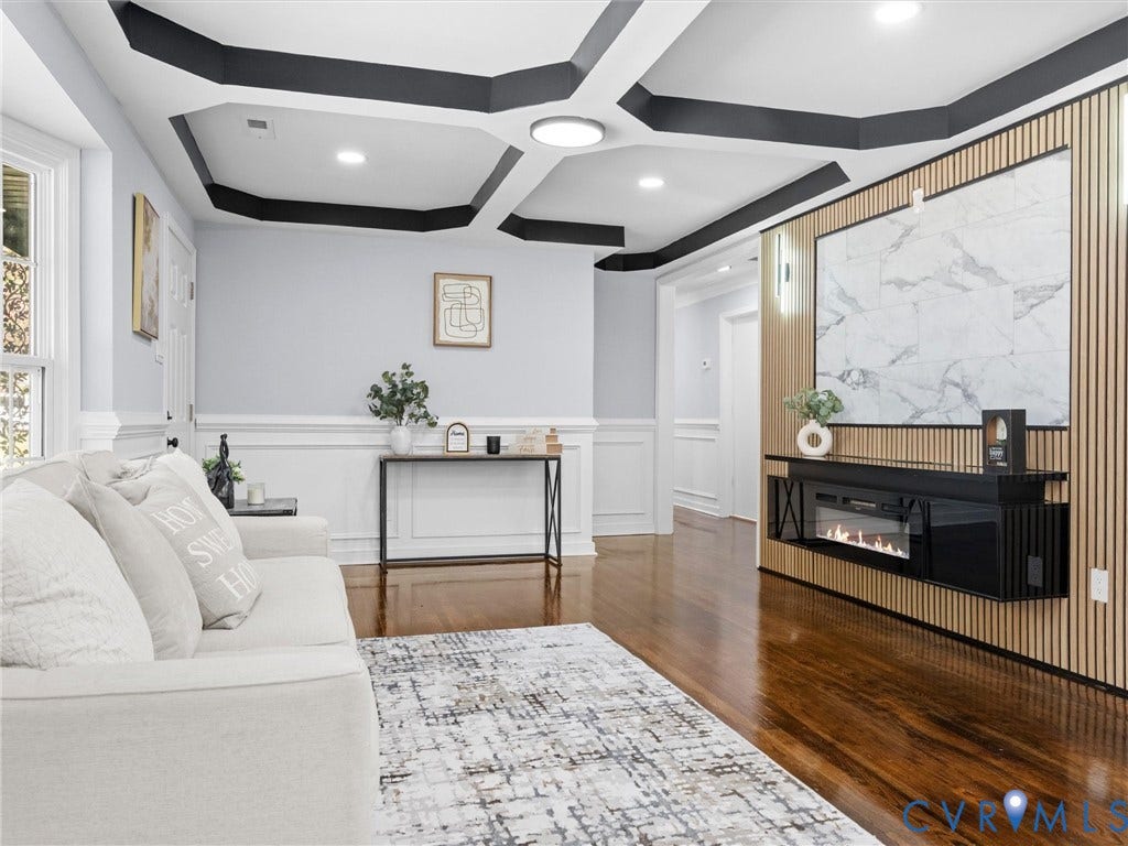 1811 Murdoch Road, Henrico, VA 23229 Coffered ceiling with contrasting trim, wood-finish flooring, and white wainscoting