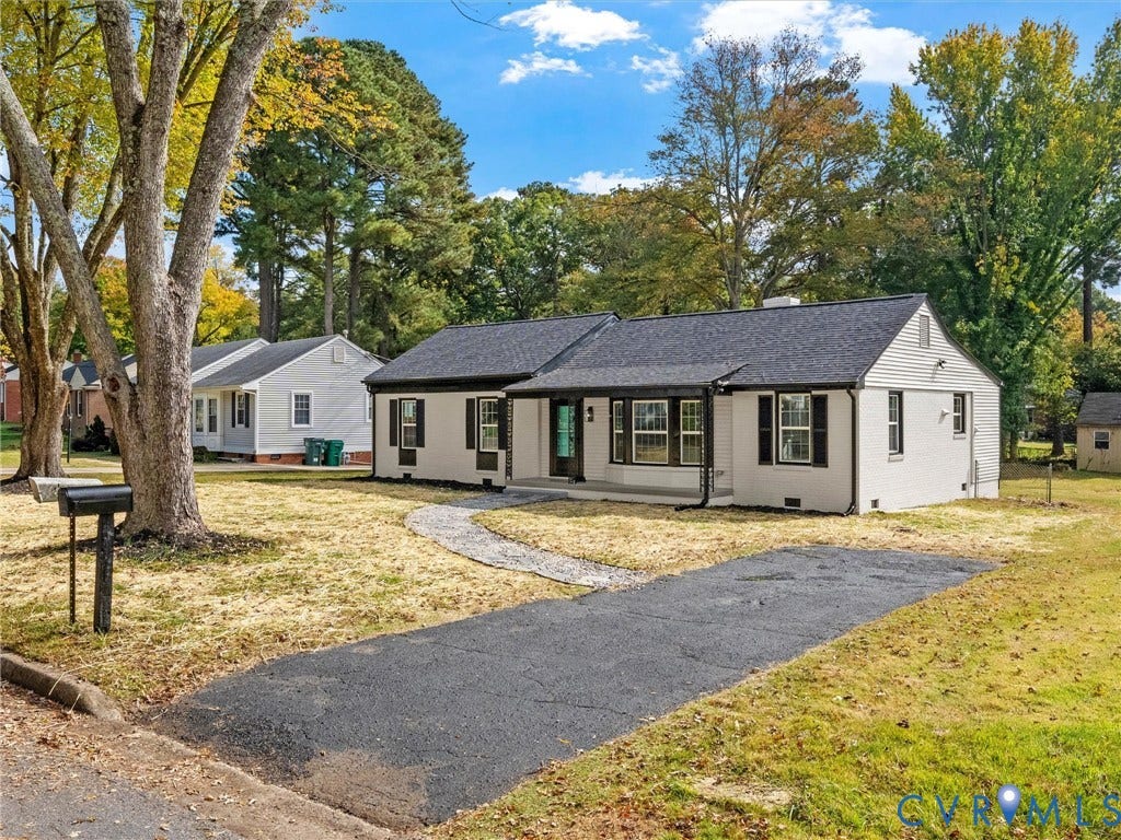 1811 Murdoch Road, Henrico, VA 23229 Single-story residence featuring light-colored exterior siding, a dark-toned shingled roof, contrasting window shutters, a stone walkway, and an asphalt driveway